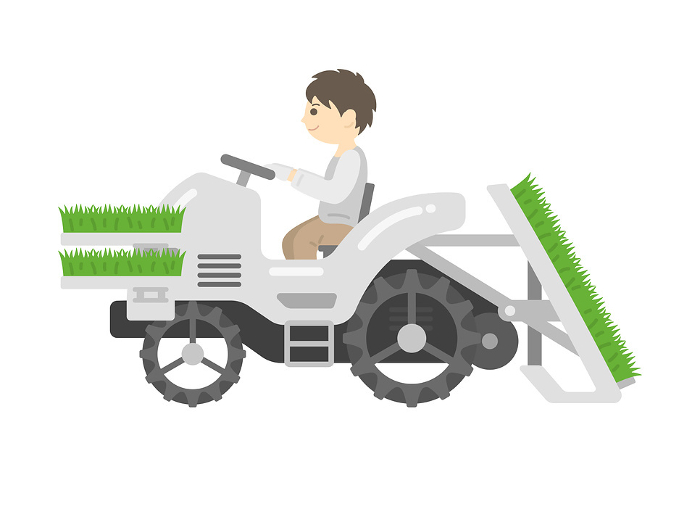 Clip art of man operating a rice transplanter loaded with seedlings