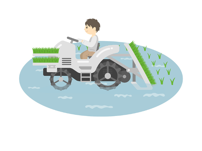 Clip art of man operating rice transplanter, planting seedlings