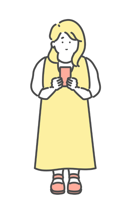 Full body illustration of a woman operating a cellular phone