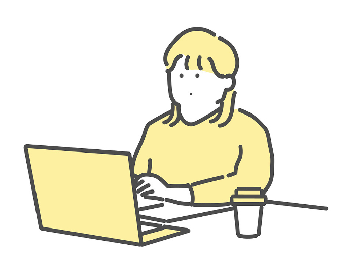 Illustration of a woman working on a computer in a cafe