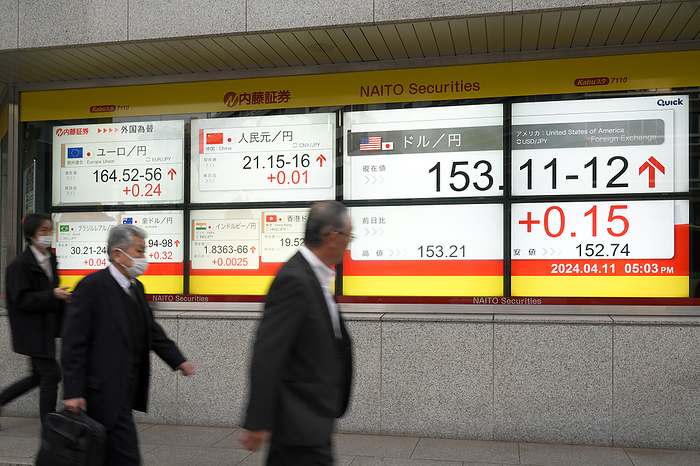 The exchange rate of the yen against the US dollar A picture shows the exchange rate of the yen against the US dollar displayed on a signboard in Tokyo, Japan on April 11, 2024. The Japanese yen dropped to 153 range against the US dollar on the New York foreign exchange on Wednesday, a level not seen since 1990.  Photo by AFLO 