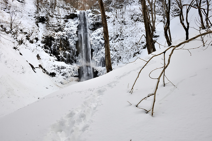 Tamanoren-no-Taki Waterfall in snowy landscape, Sakata City, Yamagata Prefecture