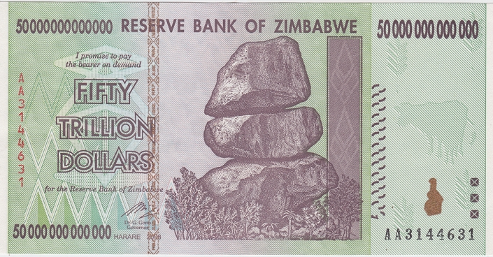 50 trillion Zimbabwe dollar bill  Date taken unknown  50 trillion Zimbabwean dollars Bank note.  Photo by AFLO 