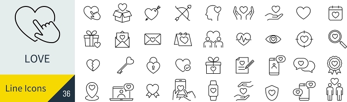 Vector heart line drawing icon set