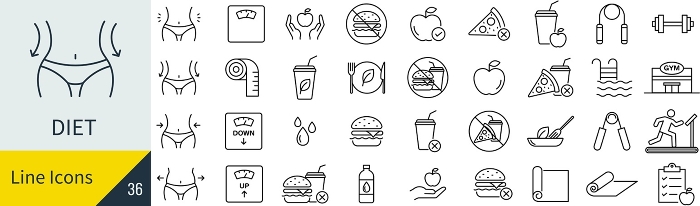 Vector diet line drawing icon set