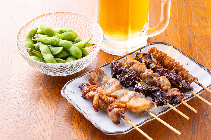 Yakitori assortment and draft beer