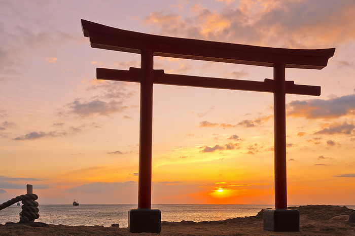 Torii gate and sunrise at Shirahama Shrine Shimoda City Shizuoka Pref.