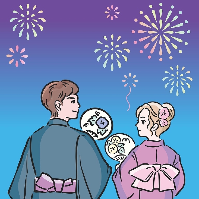 Summer yukata Fireworks festival Men Women Couple dating Hand-drawn Japanese frame Background Illustration