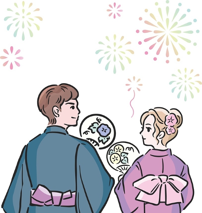 Summer yukata Fireworks festival Men Women Couple dating Hand-drawn Japanese frame Background Illustration