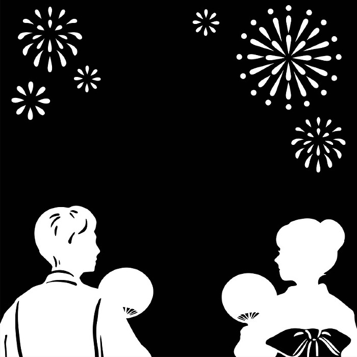 banner summer yukata fireworks display male female silhouette hand-drawn Japanese frame background illustration black and white