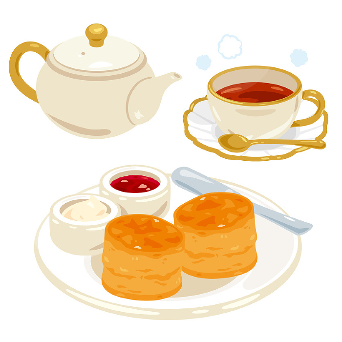 Scones and hot tea served on a plate