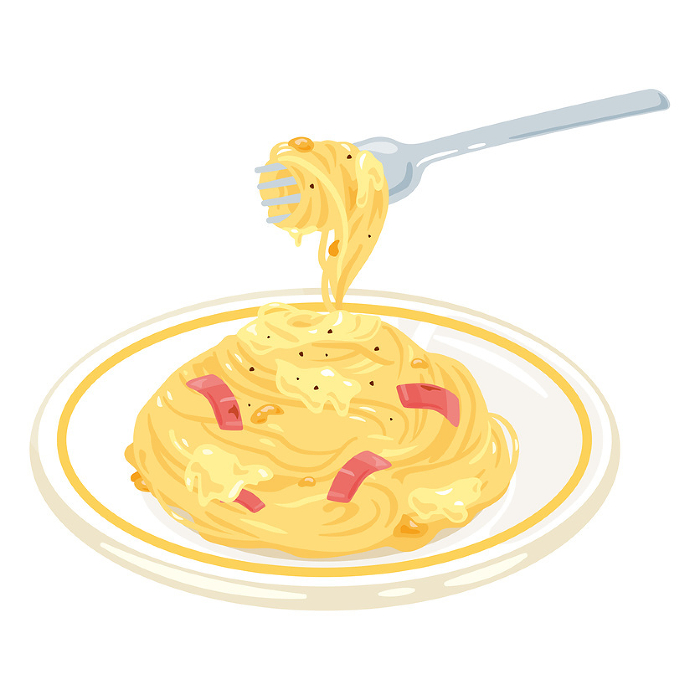 Carbonara pasta lifted with a fork