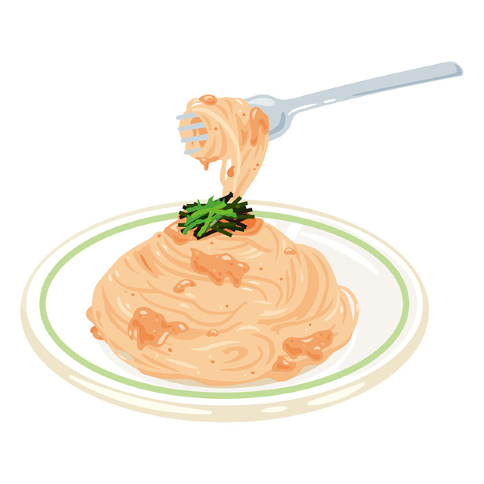 Mentaiko pasta lifted with a fork
