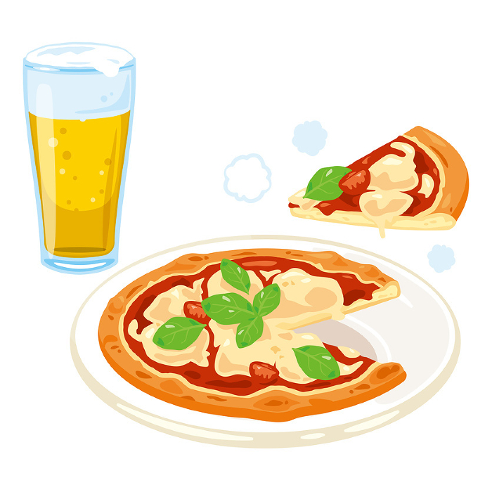 Margherita pizza and beer on a plate