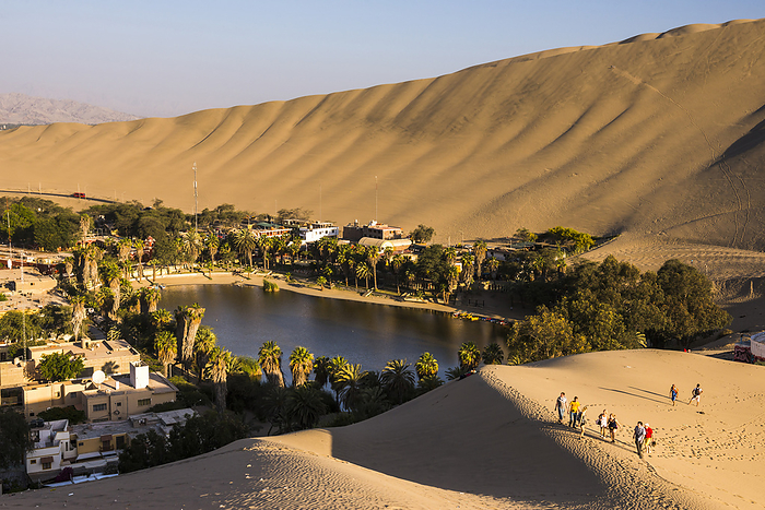 Tourists climbing sand dunes at sunset at Huacachina, a village in the desert, Ica Region, Peru Tourists climbing sand dunes at sunset at Huacachina, a village in the desert, Ica Region, Peru, South America
