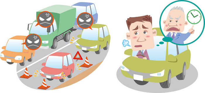Traffic safety <businessman annoyed by traffic jams caused by breakdowns on the road and a boss who rushes him, prioritizing time over safety>.