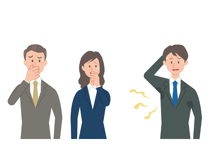 Illustration of a businessman suffering from underarm odor and people who find it offensive.