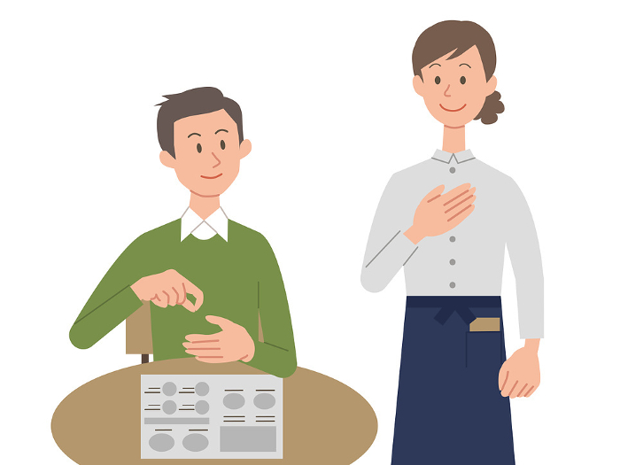Illustration of a man ordering in sign language and a female waitress answering.