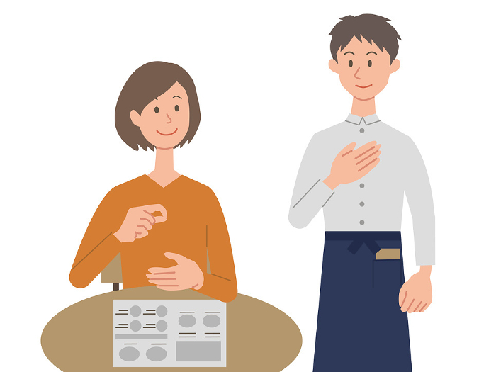 Clip art of woman ordering and male waiter answering in sign language