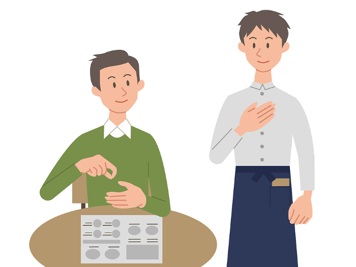 Clip art of a man ordering and a male waiter answering in sign language