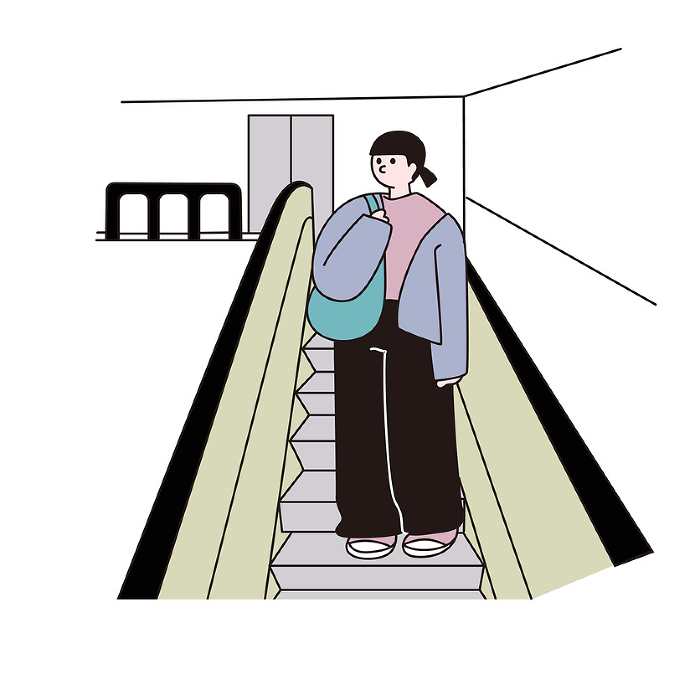 Woman on escalator, line drawing, vector