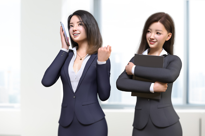 A female employee holding a cell phone in her office and looking at a gut-punching colleague.