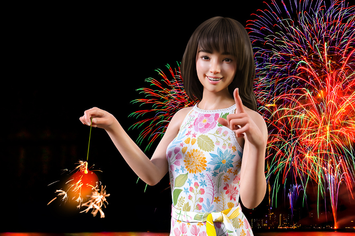 Cute girls enjoy sparklers against the backdrop of a midsummer fireworks display.