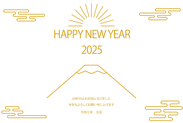 Japanese-style New Year's card for the year 2025, simple line drawing of Mt. Fuji and the first sunrise of the year