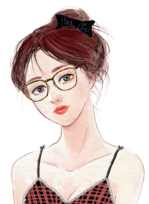 Watercolor style illustration of a woman in her 20s wearing a cute plaid bra and stylish rimmed glasses.