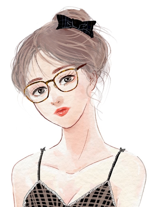 Watercolor style illustration of a woman in her 20s with up-do hair, wearing underwear and stylish glasses.