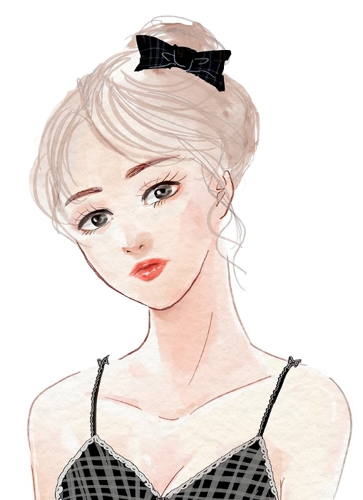 Illustration of a stylish 20s woman in underwear with up-do hair in watercolor style.