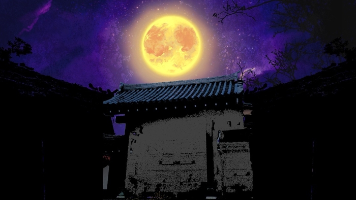 Background illustration of black-and-white silhouette of a large gate of a deserted Edo period-style samurai house, a suspiciously shining full moon and the night sky.