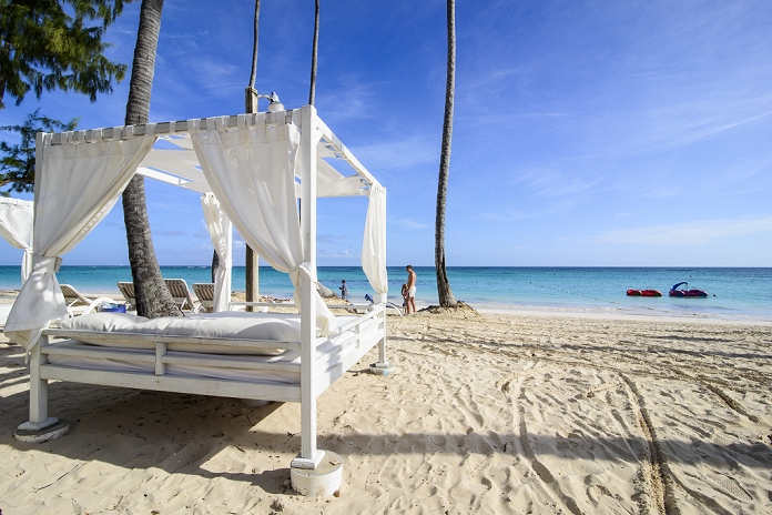 Dominican Republic Four poster bed on the beach of Bavaro, Punta Cana, Dominican Republic, West Indies, Caribbean, Central America by Michael Runkel