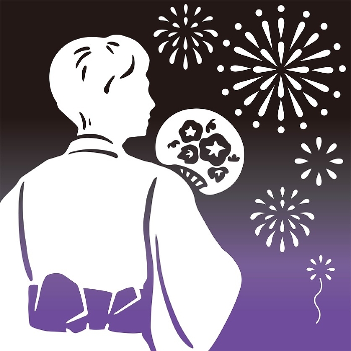 summer yukata male silhouette festival fireworks hand drawing cutout shadow picture japanese style background illustration
