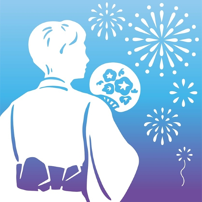 summer yukata male silhouette festival fireworks hand drawing cutout shadow picture japanese style background illustration