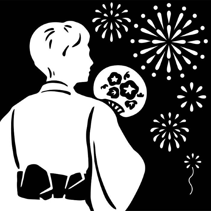 summer yukata male silhouette festival fireworks hand drawing cutout shadow picture japanese style background illustration monochrome