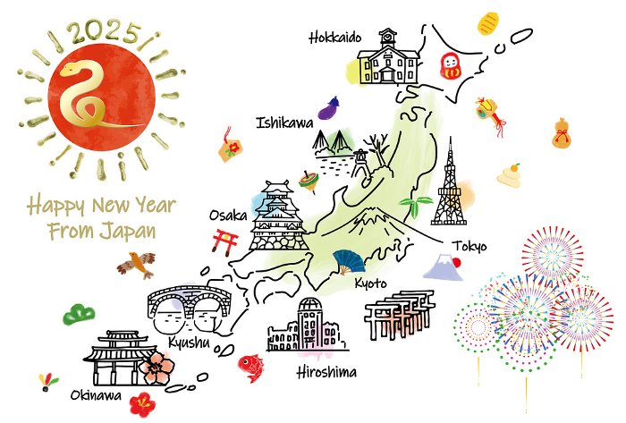 Illustrated map of tourist attractions in Japan New Year's card 2025