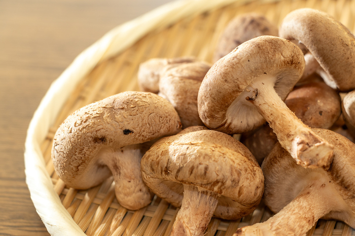 Shiitake mushrooms served in a bamboo colander