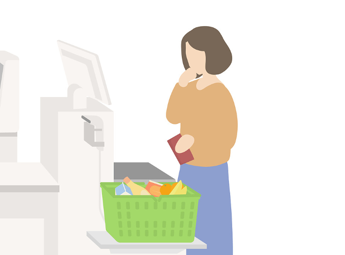 Clip art of woman puzzled at self-checkout counter in supermarket