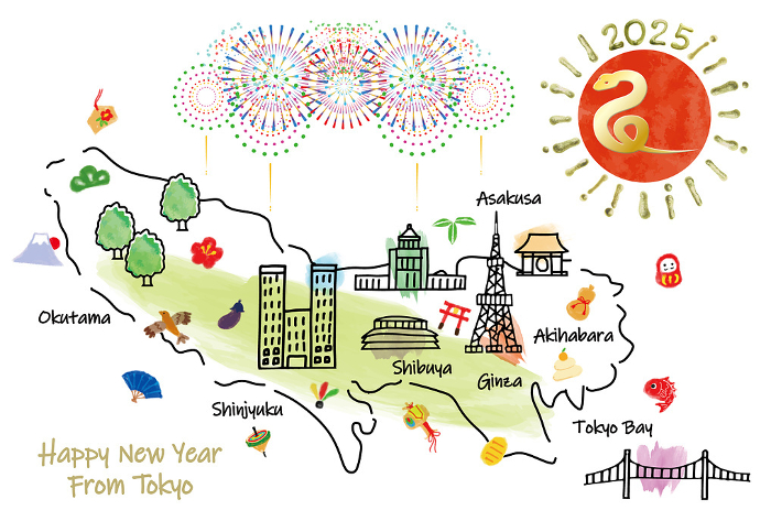 Illustrated map of Tokyo tourist attractions New Year's card 2025