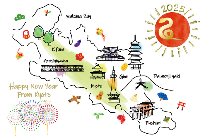 Kyoto tourist attractions illustration map New Year's card 2025