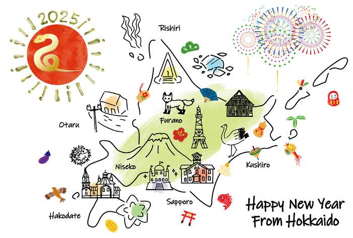 Illustration map of sightseeing spots in Hokkaido, Japan, New Year's card 2025