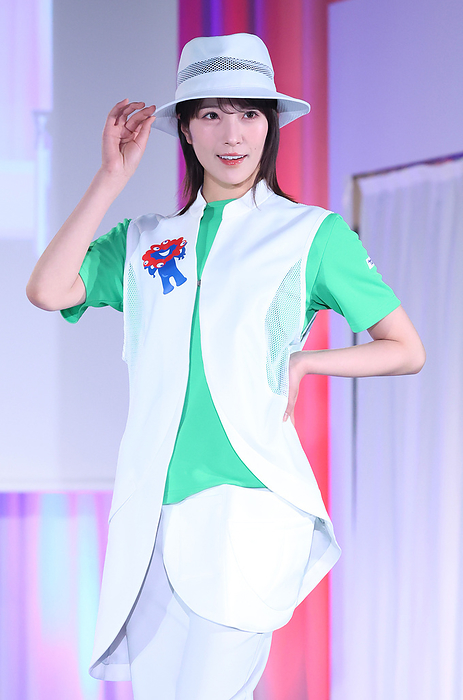 One year to go event of the Expo 2025 Osaka, Kansai is held April 13, 2024, Tokyo, Japan   A model displays an official uniform of the Expo 2025 Osaka, Kansai at the one year to go event for the Expo 2025 Osaka, Kansai in Tokyo on Saturday, April 13, 2024.    photo by Yoshio Tsunoda AFLO 