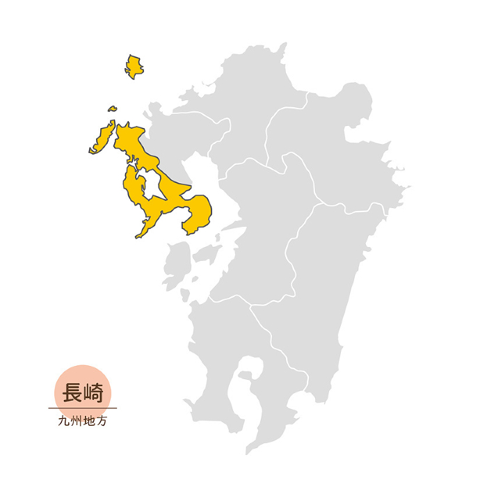 Map of Nagasaki Prefecture, main part of Nagasaki Prefecture within Kyushu Region, icons