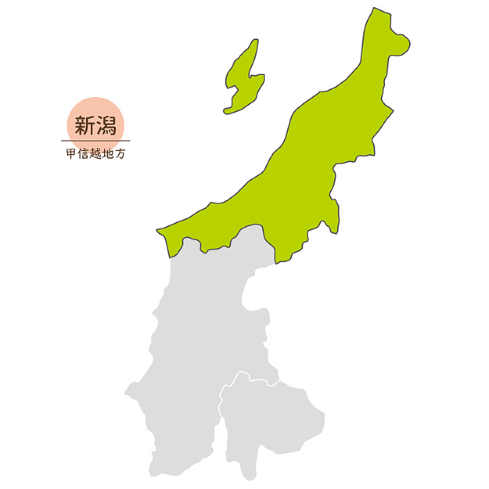 Map of Niigata Prefecture, in Koshinetsu Region, Icons