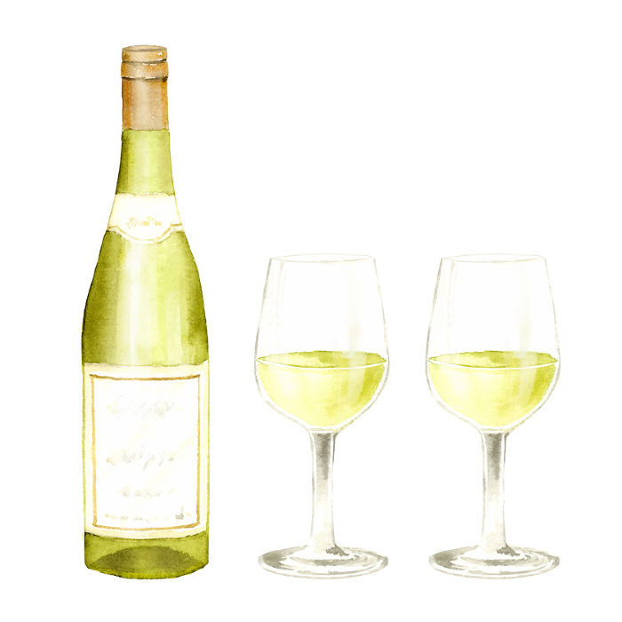 Watercolor illustration of a bottle of white wine and a wine glass