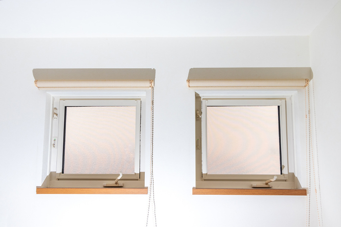 Two small windows with roll screens installed