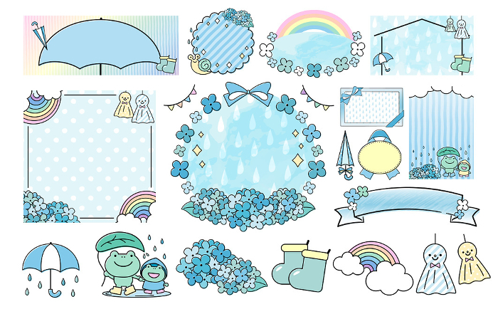 Cute design frame set with hand-drawn hydrangea, umbrella, teru teru bozu, frog rainy season background and illustration, light blue