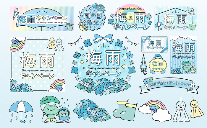 Design frame set of background and illustration of June rainy season with hand-drawn hydrangea, umbrella, teru teru bozu and frog _ light blue