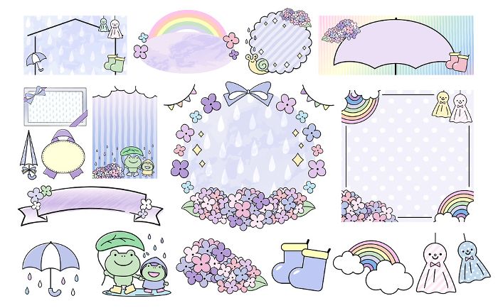 Design frame set of background and illustration of June rainy season with hand-drawn hydrangea, umbrella, teru teru bozu and frog_purple